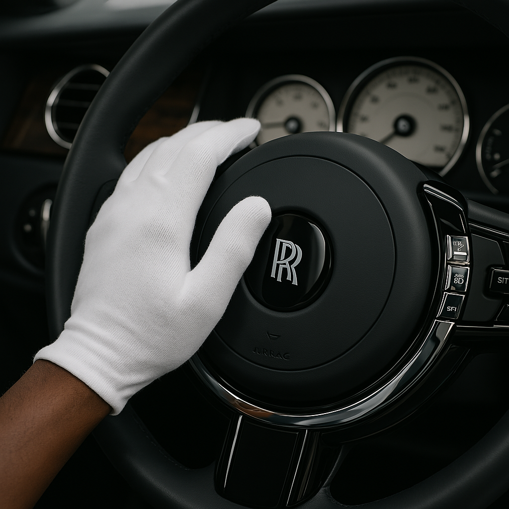 White gloved hand on a Rolls-Royce steering wheel during an interior detail