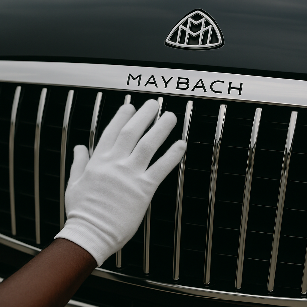 White gloved hand cleaning a Mercedes-Maybach grille during a mobile detail